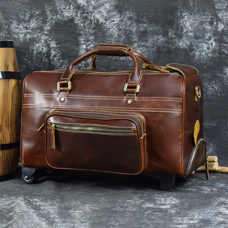 Leather Weekender Travel Duffle Bag with Wheels