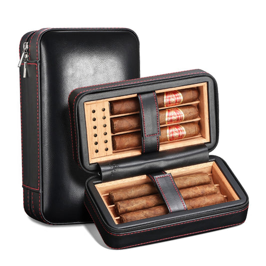 Travel Cigar Humidor Cedar Wood Box w/ Leather